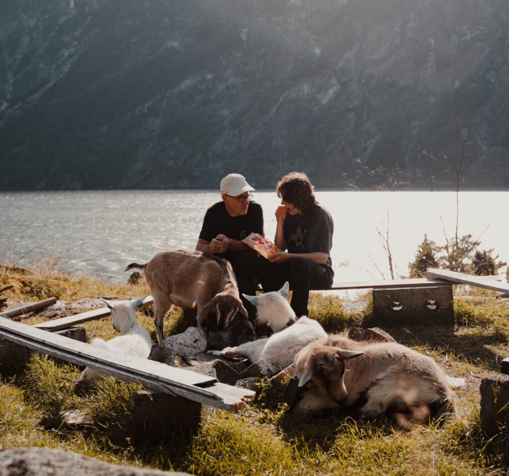 2 people eating chips with goats